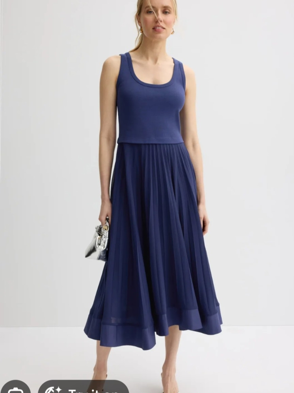 Sleeveless Navy Pleated Midi Dress